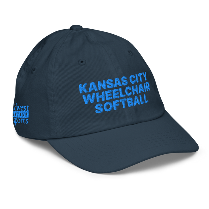 Front right angle of the MAS Kansas City Wheelchair Softball Navy Youth Dad Hat against a white background