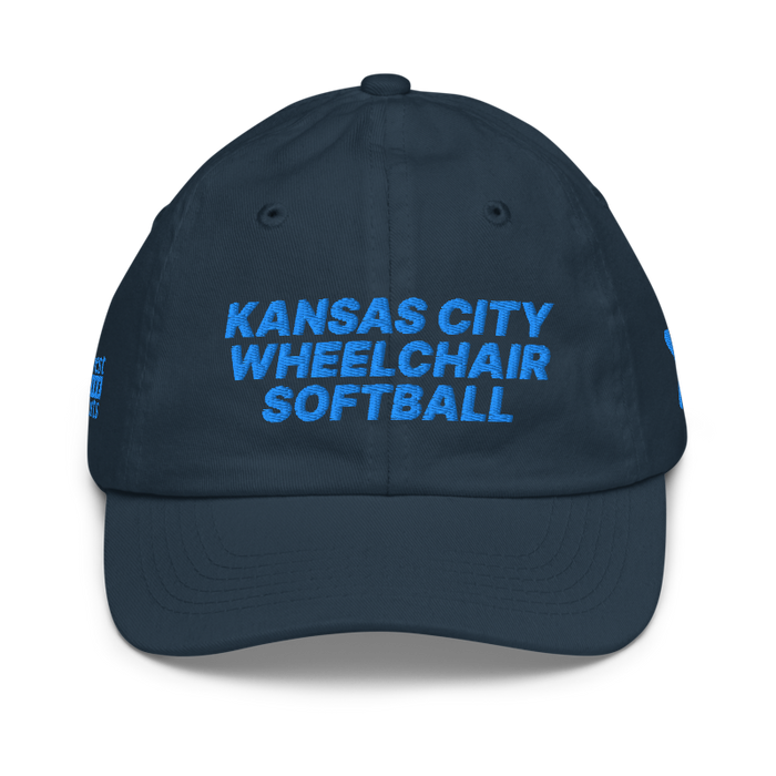 Front angle of the MAS Kansas City Wheelchair Softball Navy Youth Dad Hat against a white background