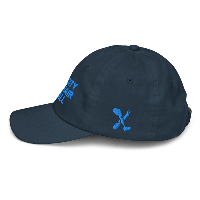 Left angle of the MAS Kansas City Wheelchair Softball Navy Youth Dad Hat against a white background