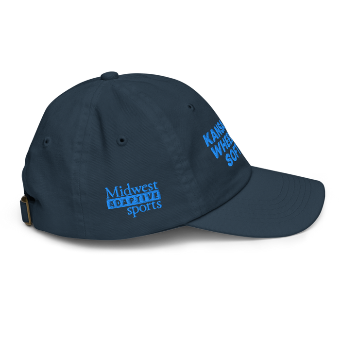 Right angle of the MAS Kansas City Wheelchair Softball Navy Youth Dad Hat against a white background
