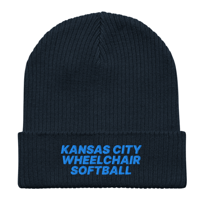 Front angle of the MAS Kansas City Wheelchair Softball Oxford Navy Organic Beanie laid flat against a white background