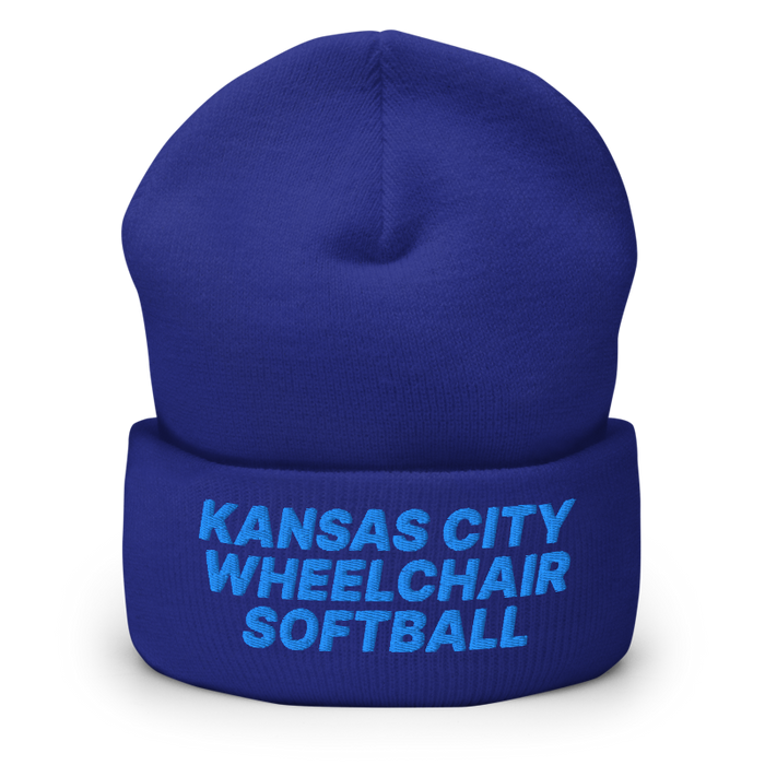 Front angle of the MAS Kansas City Wheelchair Softball Royal Beanie against a white background