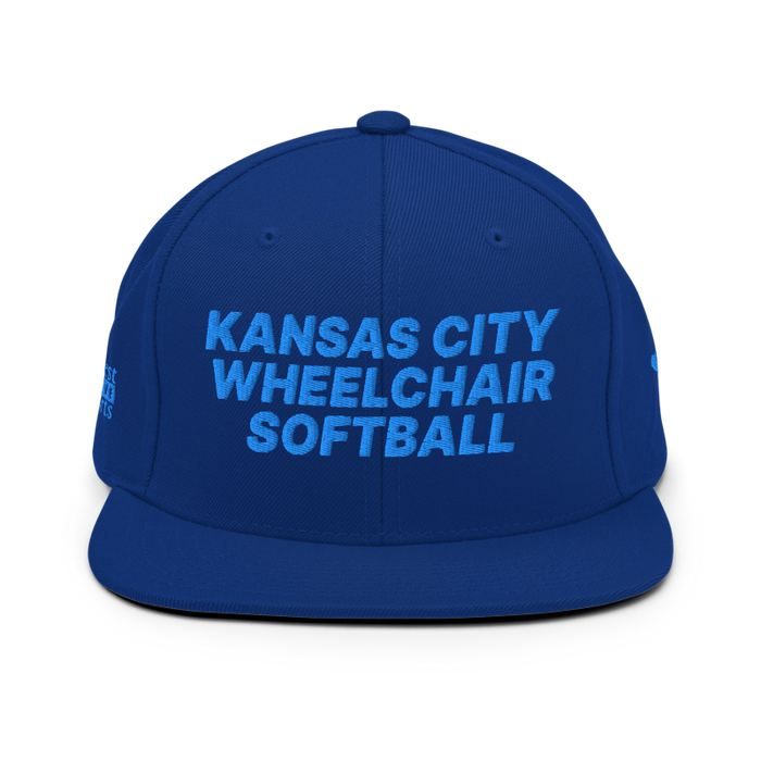 Front angle of the MAS Kansas City Wheelchair Softball Royal Blue Flat Bill Snapback against a white background
