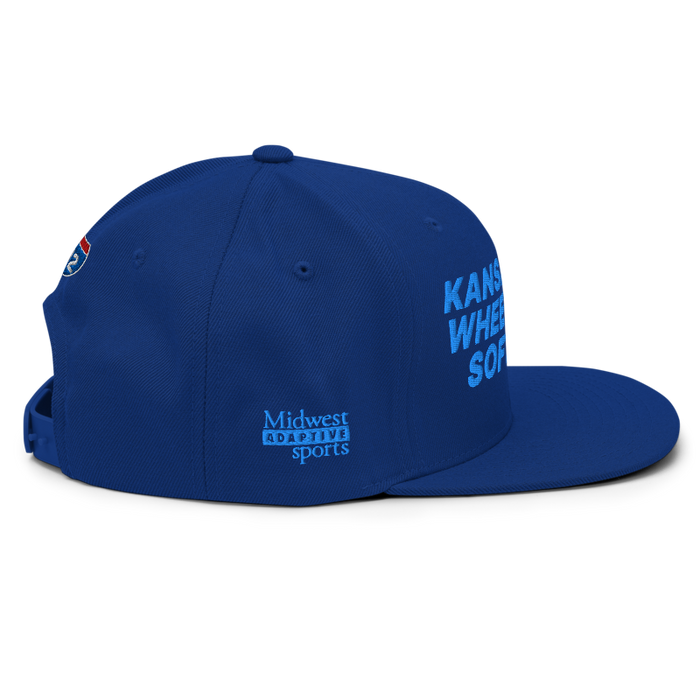 Right angle of the MAS Kansas City Wheelchair Softball Royal Blue Flat Bill Snapback against a white background