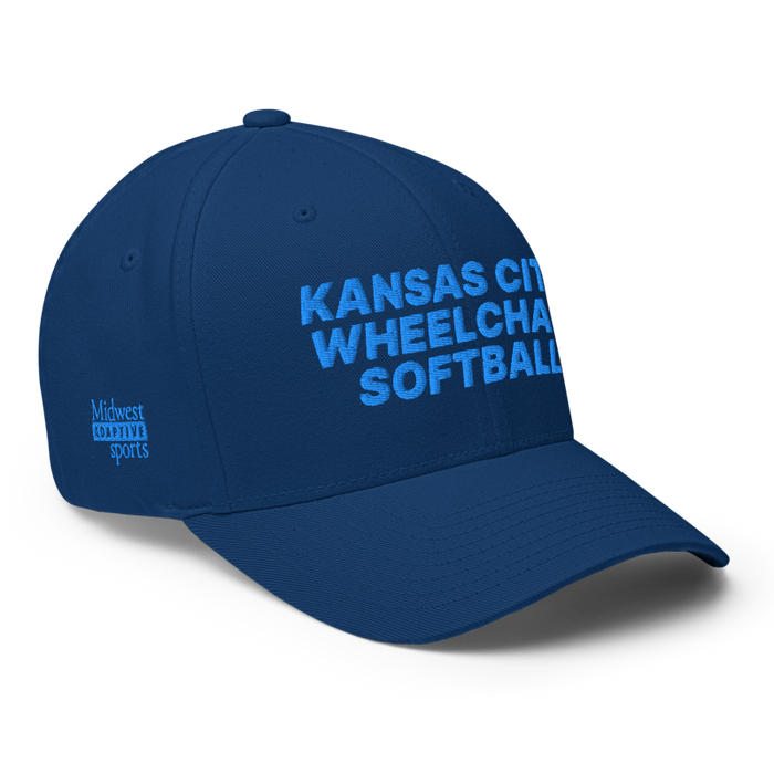 Front right angle of the MAS Kansas City Wheelchair Softball Royal Blue Flexfit Curved Bill Fitted against a white background