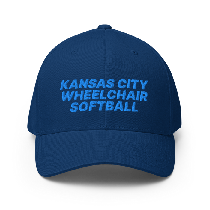 Front angle of the MAS Kansas City Wheelchair Softball Royal Blue Flexfit Curved Bill Fitted against a white background