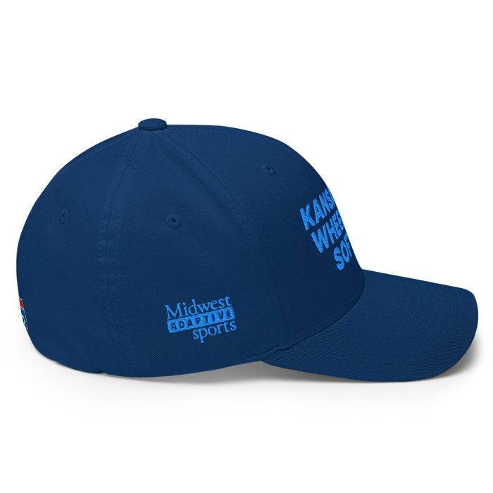 Right angle of the MAS Kansas City Wheelchair Softball Royal Blue Flexfit Curved Bill Fitted against a white background