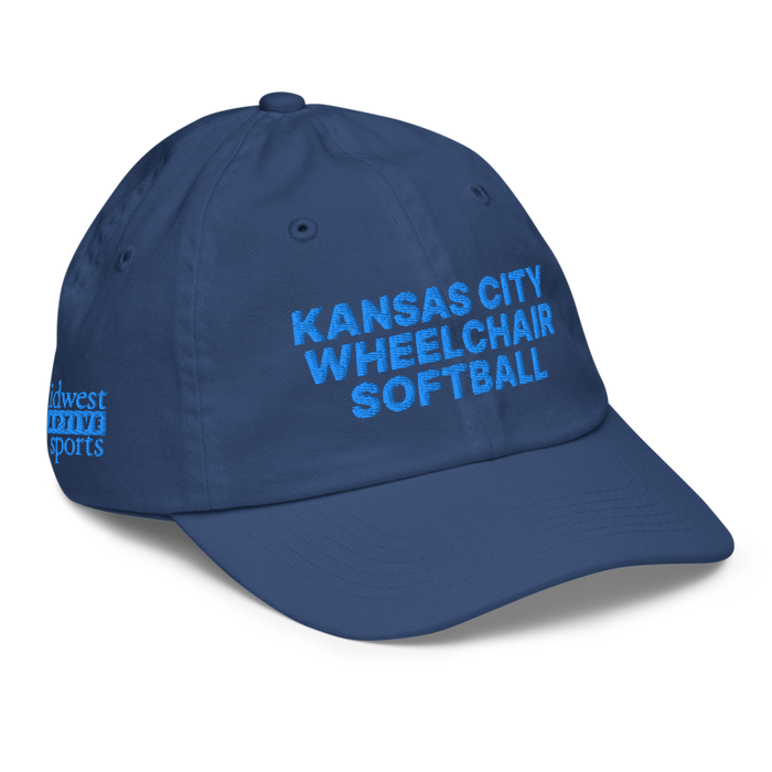 Front right angle of the MAS Kansas City Wheelchair Softball Royal Youth Dad Hat against a white background