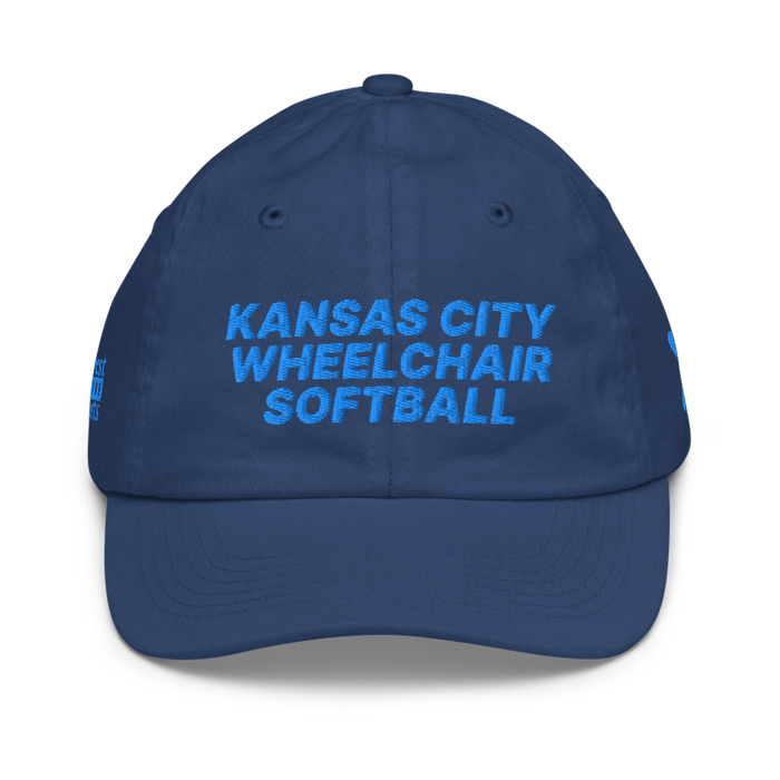 Front angle of the MAS Kansas City Wheelchair Softball Royal Youth Dad Hat against a white background