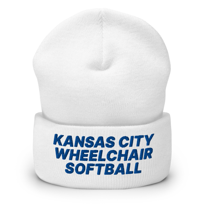 Front angle of the MAS Kansas City Wheelchair Softball White Beanie against a white background
