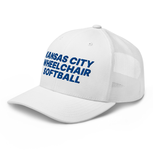Front left angle of the MAS Kansas City Wheelchair Softball White Curved Bill Trucker Snapback against a white background