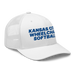 Front right angle of the MAS Kansas City Wheelchair Softball White Curved Bill Trucker Snapback against a white background