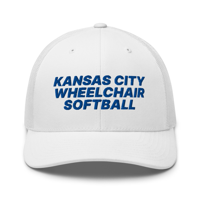 Front angle of the MAS Kansas City Wheelchair Softball White Curved Bill Trucker Snapback against a white background