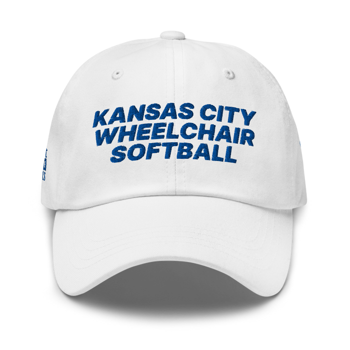 Front angle of the MAS Kansas City Wheelchair Softball White Dad Hat against a white background