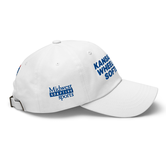 Right angle of the MAS Kansas City Wheelchair Softball White Dad Hat against a white background