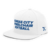 Front left angle of the MAS Kansas City Wheelchair Softball White Flat Bill Snapback against a white background