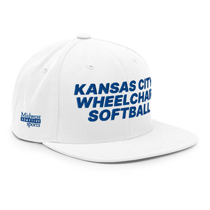 Front right angle of the MAS Kansas City Wheelchair Softball White Flat Bill Snapback against a white background
