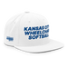 Front right angle of the MAS Kansas City Wheelchair Softball White Flat Bill Snapback against a white background