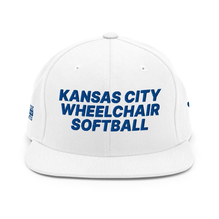 Front angle of the MAS Kansas City Wheelchair Softball White Flat Bill Snapback against a white background