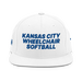 Front angle of the MAS Kansas City Wheelchair Softball White Flat Bill Snapback against a white background