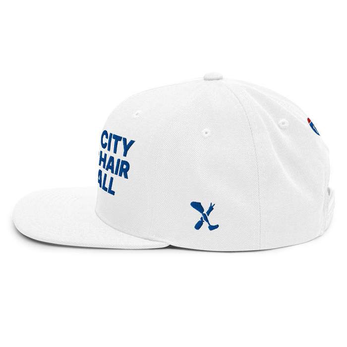 Left angle of the MAS Kansas City Wheelchair Softball White Flat Bill Snapback against a white background
