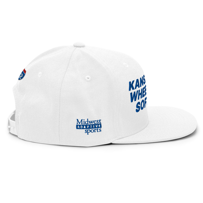 Right angle of the MAS Kansas City Wheelchair Softball White Flat Bill Snapback against a white background