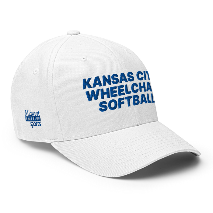 Front right angle of the MAS Kansas City Wheelchair Softball White Flexfit Curved Bill Fitted against a white background