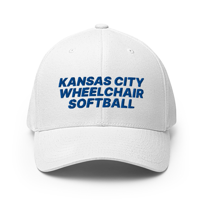 Front angle of the MAS Kansas City Wheelchair Softball White Flexfit Curved Bill Fitted against a white background