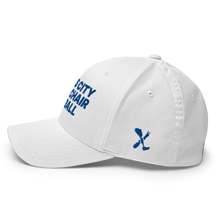 Left angle of the MAS Kansas City Wheelchair Softball White Flexfit Curved Bill Fitted against a white background