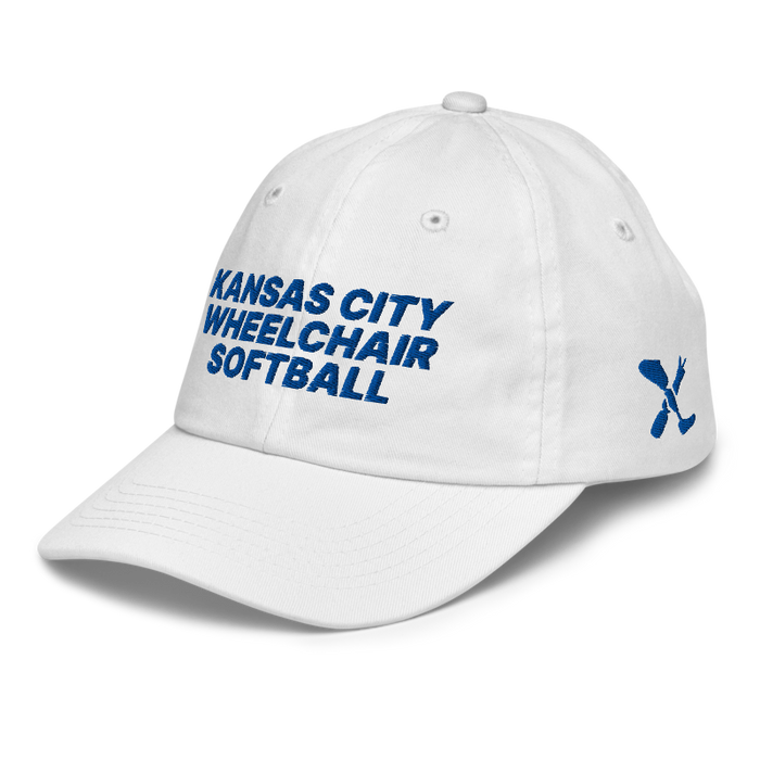 Front left angle of the MAS Kansas City Wheelchair Softball White Youth Dad Hat against a white background