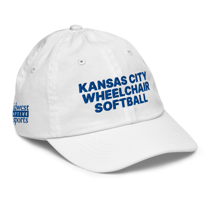 Front right angle of the MAS Kansas City Wheelchair Softball White Youth Dad Hat against a white background