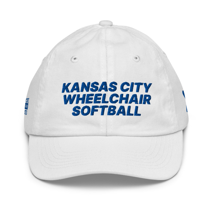 Front angle of the MAS Kansas City Wheelchair Softball White Youth Dad Hat against a white background