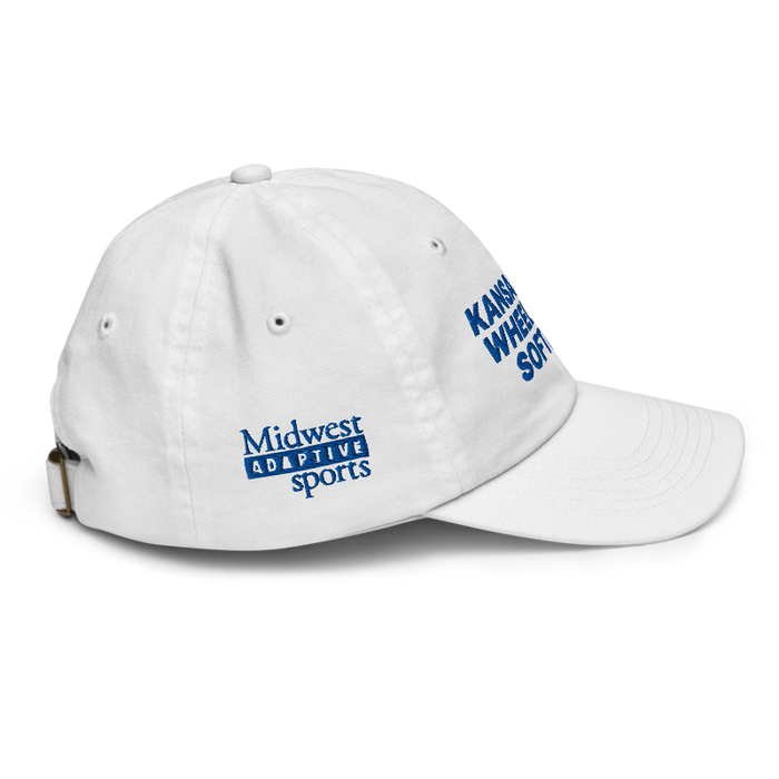 Right angle of the MAS Kansas City Wheelchair Softball White Youth Dad Hat against a white background