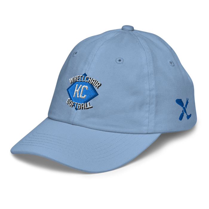 Front left angle of the MAS Kansas City Wheelchair Softball Diamond Baby Blue Youth Dad Hat against a white background