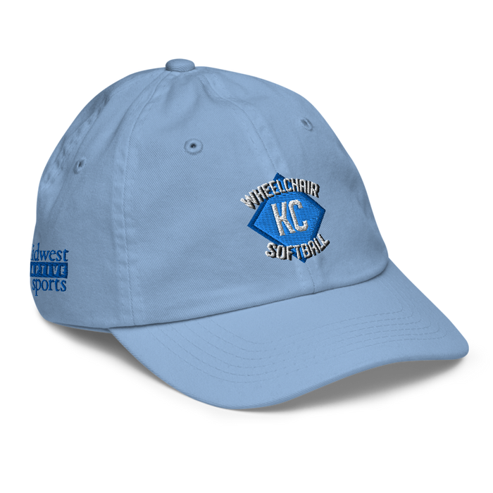 Front right angle of the MAS Kansas City Wheelchair Softball Diamond Baby Blue Youth Dad Hat against a white background