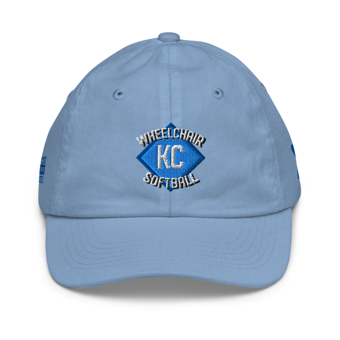 Front angle of the MAS Kansas City Wheelchair Softball Diamond Baby Blue Youth Dad Hat against a white background