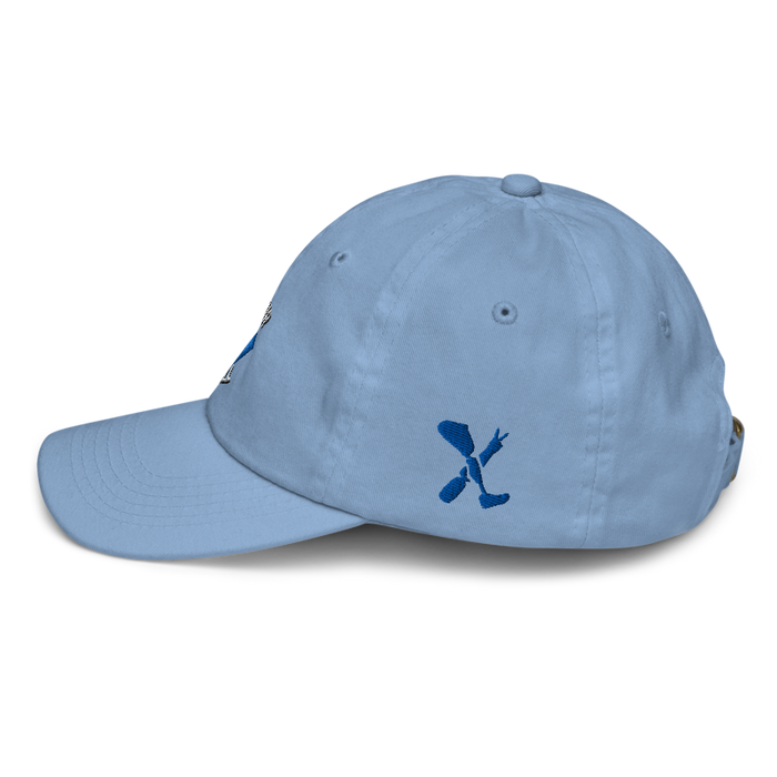 Left angle of the MAS Kansas City Wheelchair Softball Diamond Baby Blue Youth Dad Hat against a white background