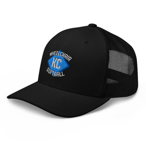 Front left angle of the MAS Kansas City Wheelchair Softball Diamond Black Curved Bill Trucker Snapback against a white background