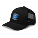 Front left angle of the MAS Kansas City Wheelchair Softball Diamond Black Curved Bill Trucker Snapback against a white background