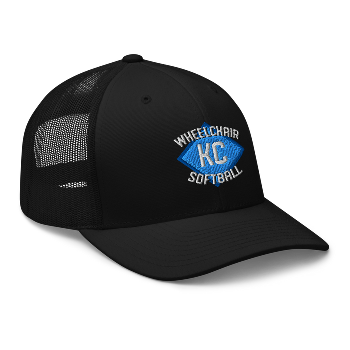 Front right angle of the MAS Kansas City Wheelchair Softball Diamond Black Curved Bill Trucker Snapback against a white background