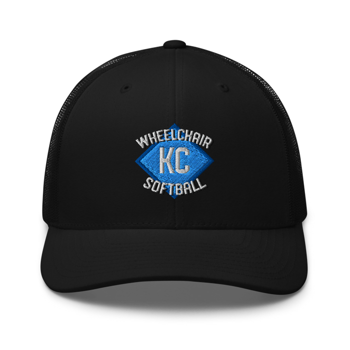 Front angle of the MAS Kansas City Wheelchair Softball Diamond Black Curved Bill Trucker Snapback against a white background