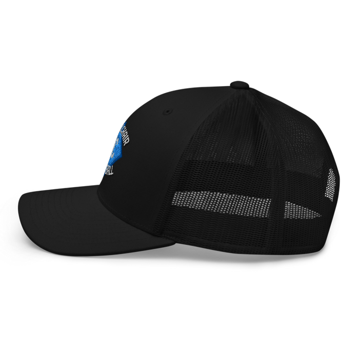 Left angle of the MAS Kansas City Wheelchair Softball Diamond Black Curved Bill Trucker Snapback against a white background