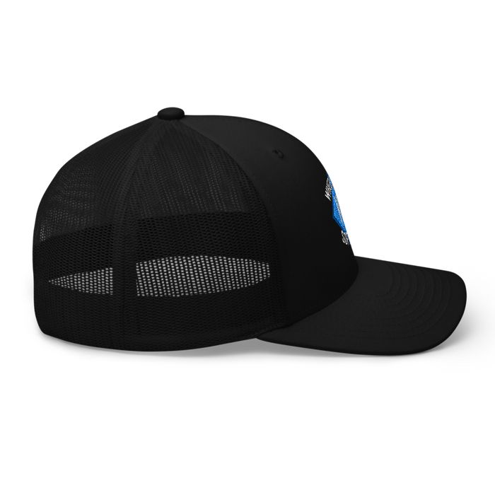 Right angle of the MAS Kansas City Wheelchair Softball Diamond Black Curved Bill Trucker Snapback against a white background