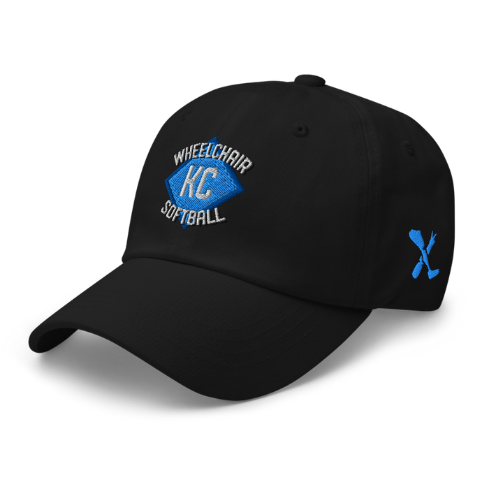 Front left angle of the MAS Kansas City Wheelchair Softball Diamond Black Dad Hat against a white background
