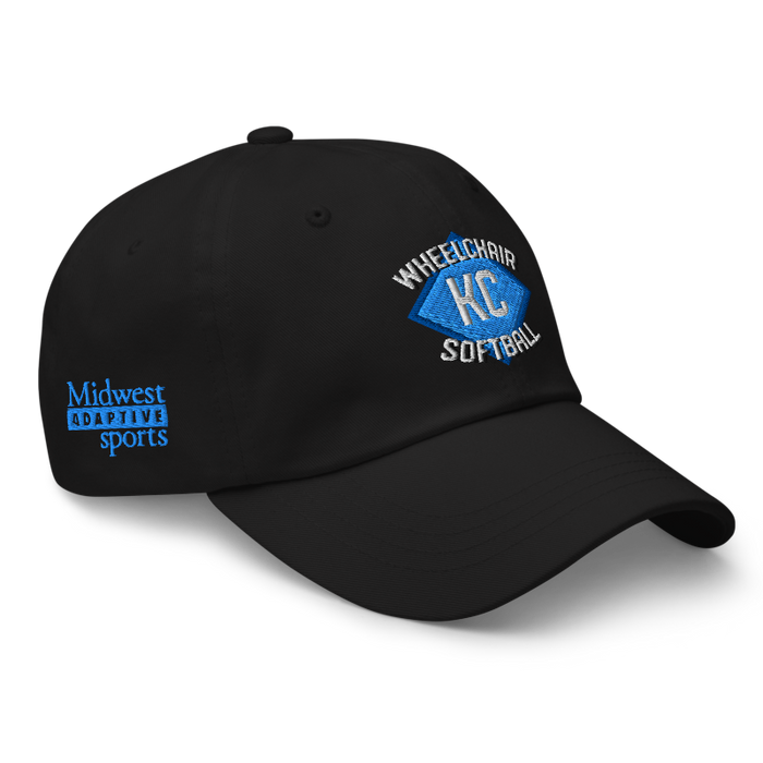 Front right angle of the MAS Kansas City Wheelchair Softball Diamond Black Dad Hat against a white background