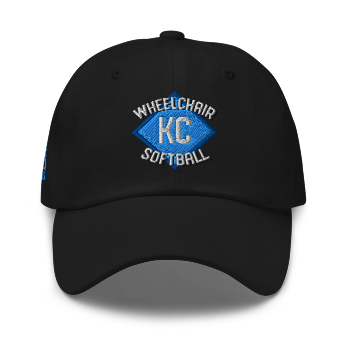 Front angle of the MAS Kansas City Wheelchair Softball Diamond Black Dad Hat against a white background