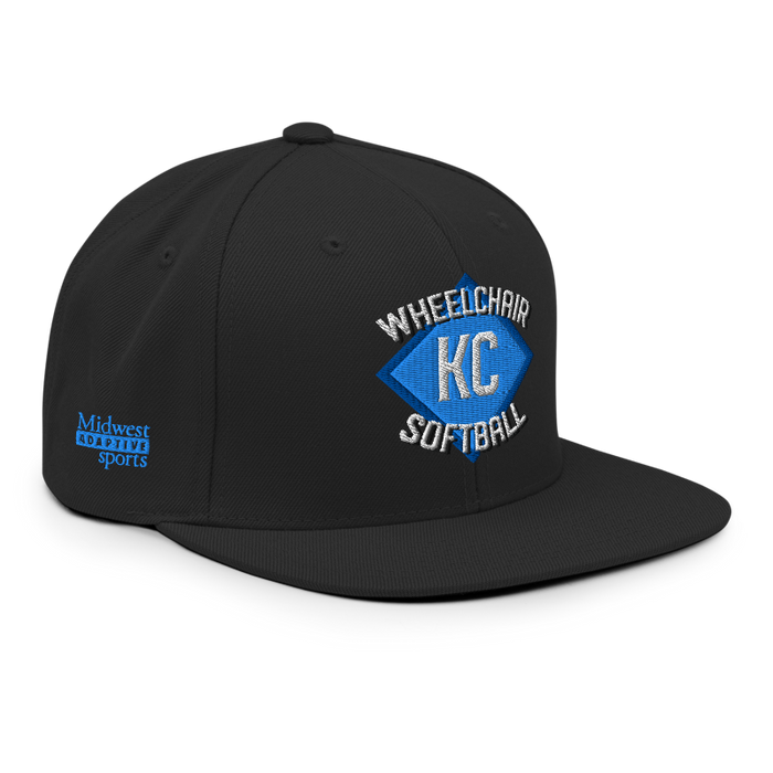 Front right angle of the MAS Kansas City Wheelchair Softball Diamond Black Flat Bill Snapback against a white background