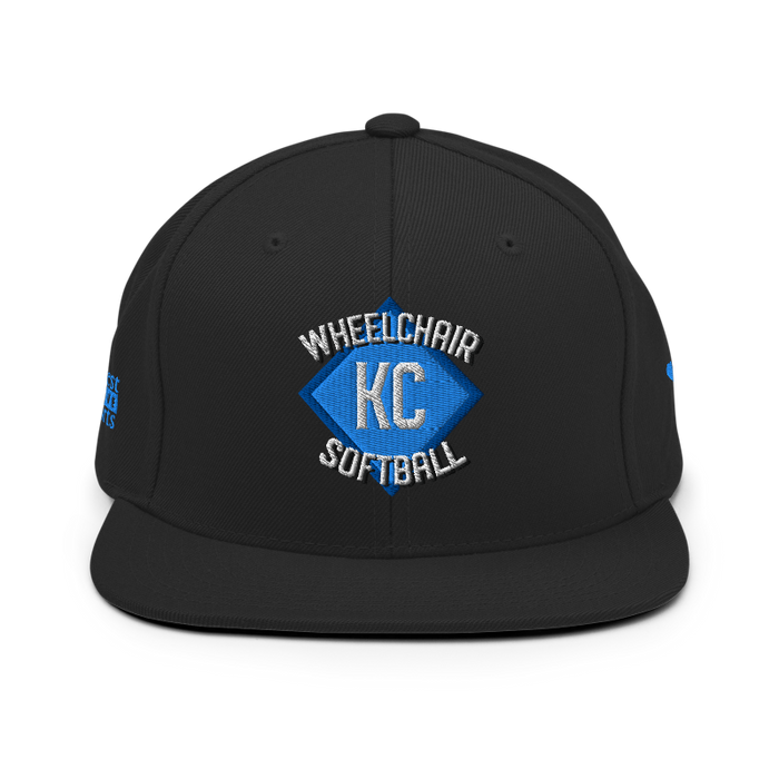Front angle of the MAS Kansas City Wheelchair Softball Diamond Black Flat Bill Snapback against a white background
