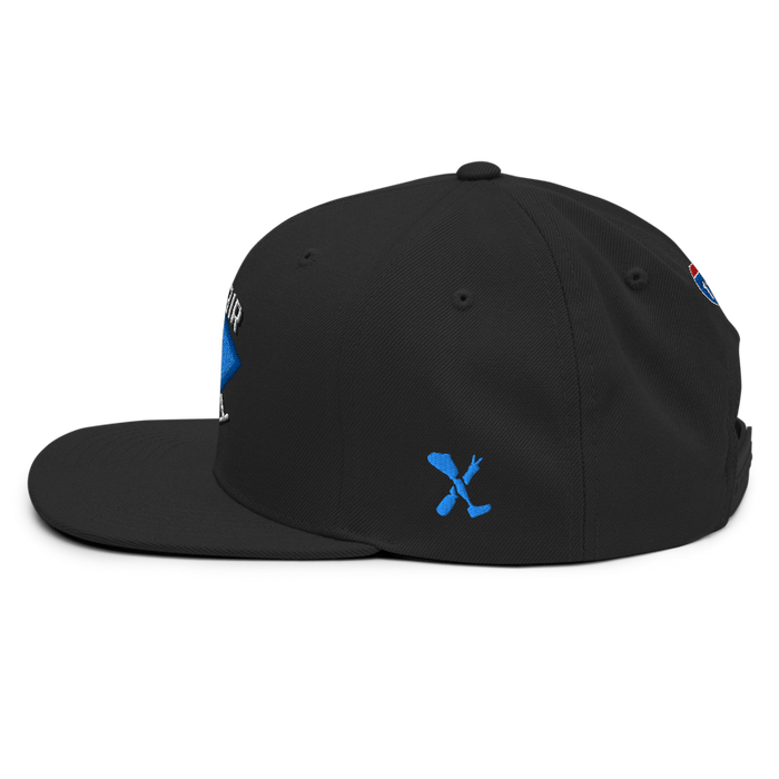 Left angle of the MAS Kansas City Wheelchair Softball Diamond Black Flat Bill Snapback against a white background