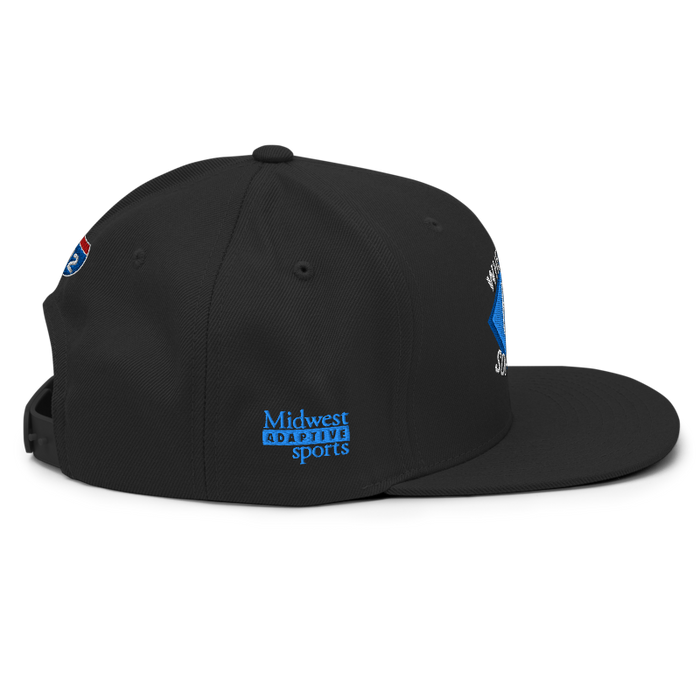 Right angle of the MAS Kansas City Wheelchair Softball Diamond Black Flat Bill Snapback against a white background